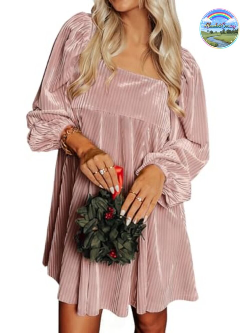 Velvet Babydoll Mini Dress Square Neck Long Sleeve Shift